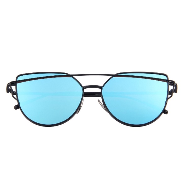Blue Mirrored Lenses Black Frame Cat Eye Aviators - Picture 5 of 5